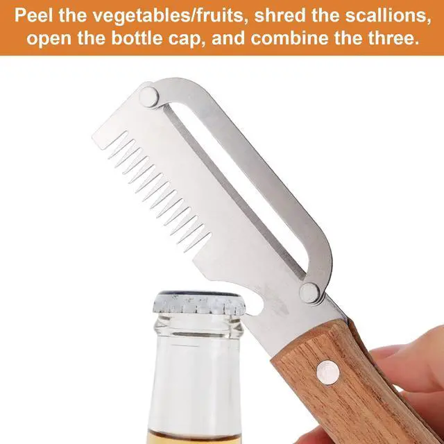 Alt view image 5 of 7 - Multifunctional Stainless Steel Vegetable Peeler Knife with Wooden Handle, Handheld Zero Flex Glide Edge Scallion Shredder and Bottle Opener, Kitchen Gadget for Fruit Potato Pumpkin Papaya Welsh Onion