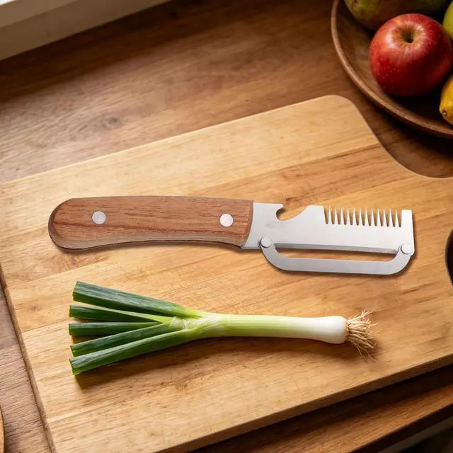 Alt view image 7 of 7 - Multifunctional Stainless Steel Vegetable Peeler Knife with Wooden Handle, Handheld Zero Flex Glide Edge Scallion Shredder and Bottle Opener, Kitchen Gadget for Fruit Potato Pumpkin Papaya Welsh Onion