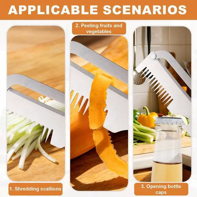 Alt view image 6 of 7 - Multifunctional Stainless Steel Vegetable Peeler Knife with Wooden Handle, Handheld Zero Flex Glide Edge Scallion Shredder and Bottle Opener, Kitchen Gadget for Fruit Potato Pumpkin Papaya Welsh Onion