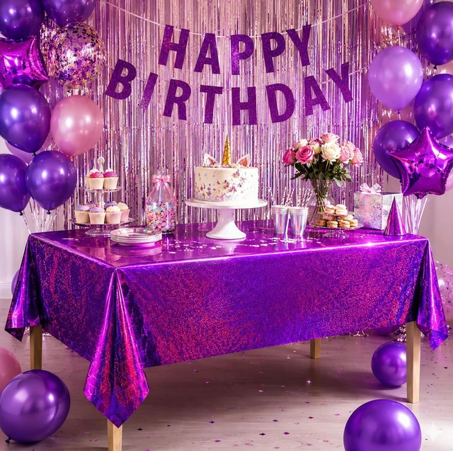 Alt view image 2 of 6 - 2 Pack Laser Pink and Purple Tablecloth - Birthday Party Decorations | Purple Party Decor for K-Style Demon Music Theme Birthday | Iridescent Party Decorations for Bridal Wedding Halloween