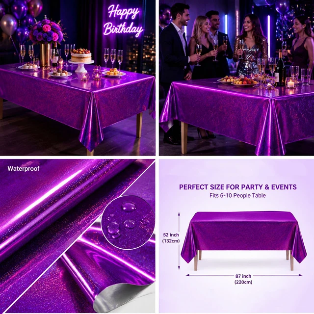 Alt view image 3 of 6 - 2 Pack Laser Pink and Purple Tablecloth - Birthday Party Decorations | Purple Party Decor for K-Style Demon Music Theme Birthday | Iridescent Party Decorations for Bridal Wedding Halloween