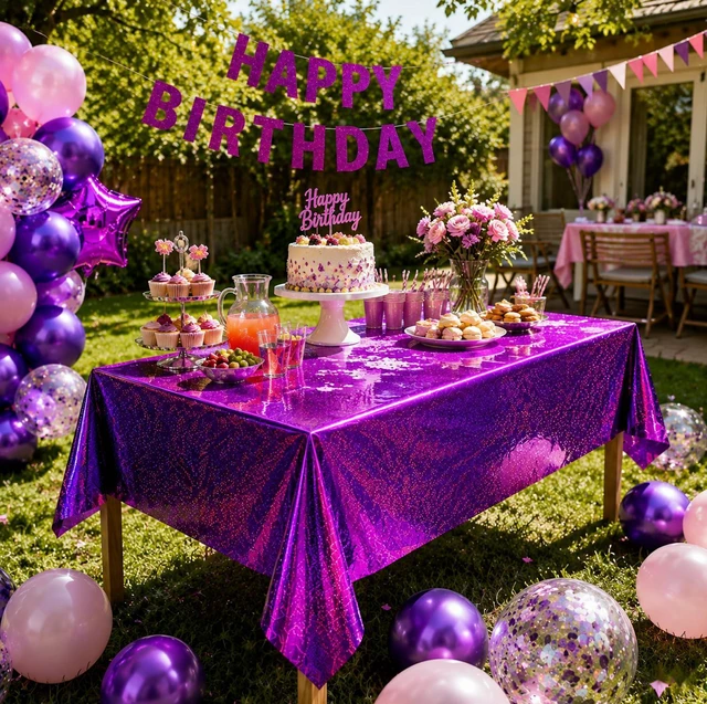 Alt view image 4 of 6 - 2 Pack Laser Pink and Purple Tablecloth - Birthday Party Decorations | Purple Party Decor for K-Style Demon Music Theme Birthday | Iridescent Party Decorations for Bridal Wedding Halloween