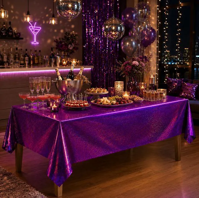 Alt view image 6 of 6 - 2 Pack Laser Pink and Purple Tablecloth - Birthday Party Decorations | Purple Party Decor for K-Style Demon Music Theme Birthday | Iridescent Party Decorations for Bridal Wedding Halloween