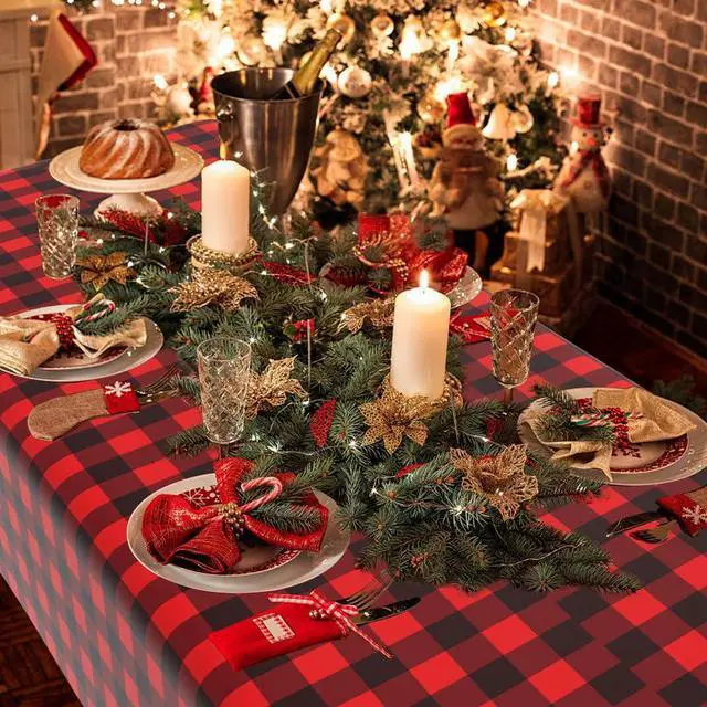 Alt view image 2 of 7 - Red and Black Checkered Tablecloth, 2 PCS Plastic Buffalo Plaid Tablecloth 108" x 54" Disposable Tablecloth Waterproof Red Table Cloth Rectangle Table Cover for Picnic Birthday Christmas Party Decor