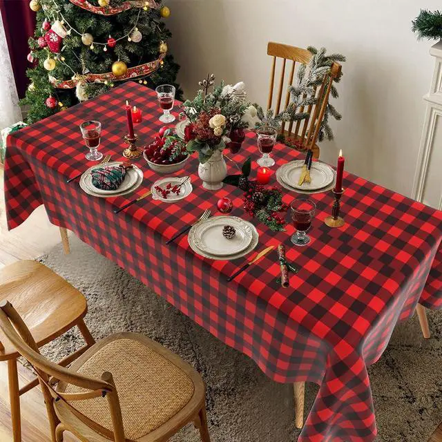 Alt view image 7 of 7 - Red and Black Checkered Tablecloth, 2 PCS Plastic Buffalo Plaid Tablecloth 108" x 54" Disposable Tablecloth Waterproof Red Table Cloth Rectangle Table Cover for Picnic Birthday Christmas Party Decor