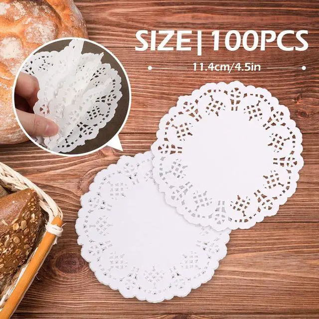 Alt view image 2 of 7 - 100 Pieces Paper Dollies, 4.5 Inch Lace Paper Dollies for Fried Food, Round Disposable Placemats Paper for Table Cakes Desserts White