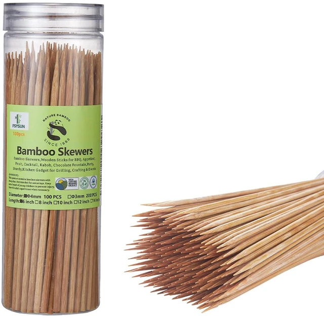 Main image of 6" Bamboo Skewers Size Choices 8''/10"/12"/14" (4mm Thick), Unbleached Carbonized Heavy Duty Wooden Sticks for Grilling, Marshmallow & S'mores Roasting, BBQ Kabobs, Appetizers
