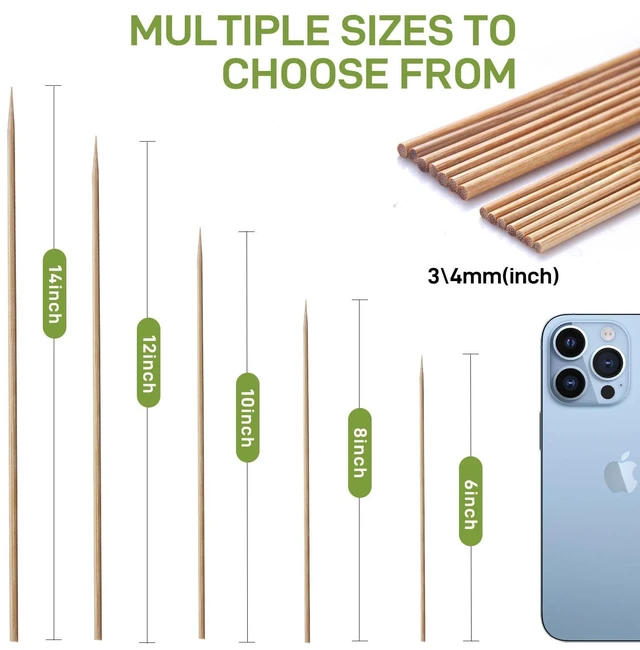 Alt view image 2 of 7 - 6" Bamboo Skewers Size Choices 8''/10"/12"/14" (4mm Thick), Unbleached Carbonized Heavy Duty Wooden Sticks for Grilling, Marshmallow & S'mores Roasting, BBQ Kabobs, Appetizers