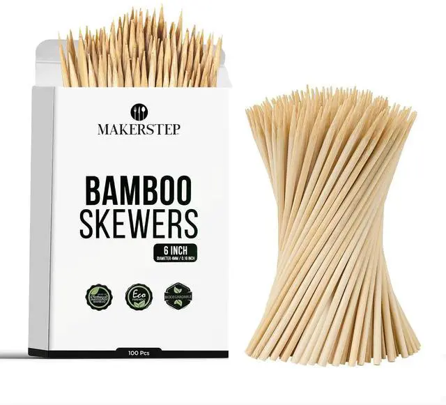 Main image of 6 Inch Natural Bamboo BBQ Skewers, 100 Pack, Thick & Sturdy Kebab Sticks