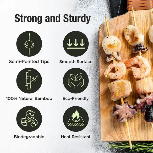 Alt view image 2 of 4 - 6 Inch Natural Bamboo BBQ Skewers, 100 Pack, Thick & Sturdy Kebab Sticks