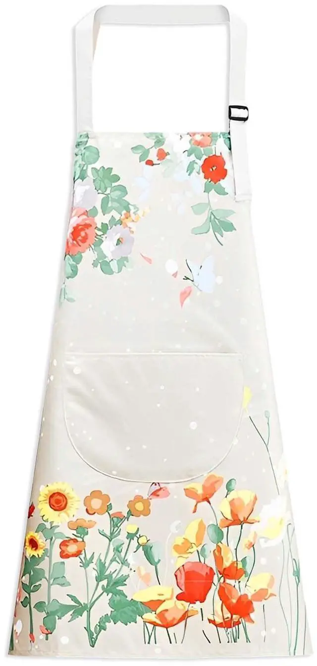 Main image of Floral Aprons with Pocket Blooming Floral Womens Waterproof Apron | Adjustable Neck with Long Ties for Women Men Cooking, Baking, Gardening, Salon, Crafts, Sunflower Grey