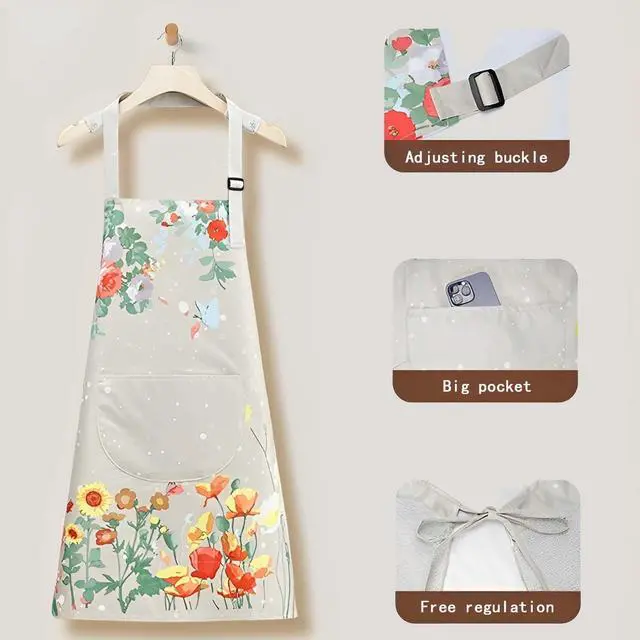 Alt view image 3 of 6 - Floral Aprons with Pocket Blooming Floral Womens Waterproof Apron | Adjustable Neck with Long Ties for Women Men Cooking, Baking, Gardening, Salon, Crafts, Sunflower Grey