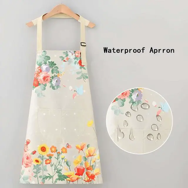 Alt view image 2 of 6 - Floral Aprons with Pocket Blooming Floral Womens Waterproof Apron | Adjustable Neck with Long Ties for Women Men Cooking, Baking, Gardening, Salon, Crafts, Sunflower Grey