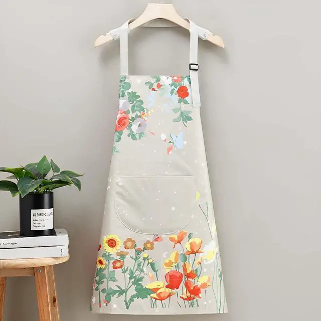 Alt view image 5 of 6 - Floral Aprons with Pocket Blooming Floral Womens Waterproof Apron | Adjustable Neck with Long Ties for Women Men Cooking, Baking, Gardening, Salon, Crafts, Sunflower Grey