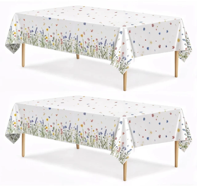 Main image of Spring Floral Party Tablecloth, 2 Pack Wildflower 54 x 108 Inch Tablecloth for Party Decorations, Butterfly Rectangular Table Cover, Disposable Plastic Table Cloth for Birthday and Celebration Event