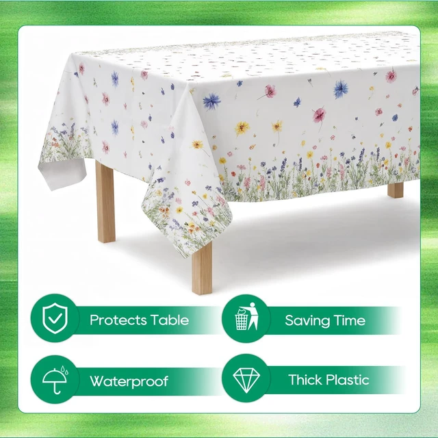 Alt view image 3 of 6 - Spring Floral Party Tablecloth, 2 Pack Wildflower 54 x 108 Inch Tablecloth for Party Decorations, Butterfly Rectangular Table Cover, Disposable Plastic Table Cloth for Birthday and Celebration Event