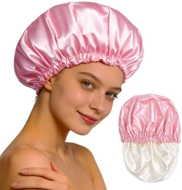 Main image of Reusable Double Layer Satin Lined Shower Cap, Waterproof Bath Cap with Soft Satin Interior for Frizz Control, Elastic Band for Most Head Sizes, Ideal for Curly & Braided Hair, Pink