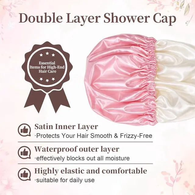Alt view image 2 of 7 - Reusable Double Layer Satin Lined Shower Cap, Waterproof Bath Cap with Soft Satin Interior for Frizz Control, Elastic Band for Most Head Sizes, Ideal for Curly & Braided Hair, Pink
