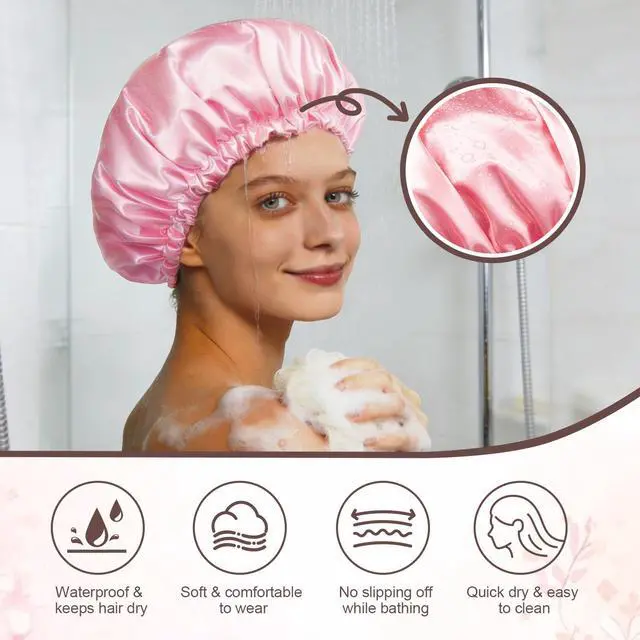 Alt view image 3 of 7 - Reusable Double Layer Satin Lined Shower Cap, Waterproof Bath Cap with Soft Satin Interior for Frizz Control, Elastic Band for Most Head Sizes, Ideal for Curly & Braided Hair, Pink