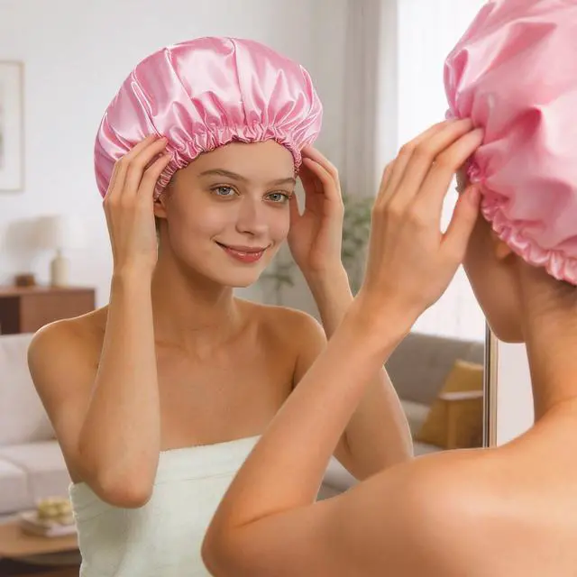 Alt view image 5 of 7 - Reusable Double Layer Satin Lined Shower Cap, Waterproof Bath Cap with Soft Satin Interior for Frizz Control, Elastic Band for Most Head Sizes, Ideal for Curly & Braided Hair, Pink