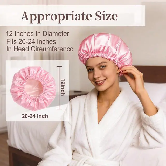 Alt view image 4 of 7 - Reusable Double Layer Satin Lined Shower Cap, Waterproof Bath Cap with Soft Satin Interior for Frizz Control, Elastic Band for Most Head Sizes, Ideal for Curly & Braided Hair, Pink