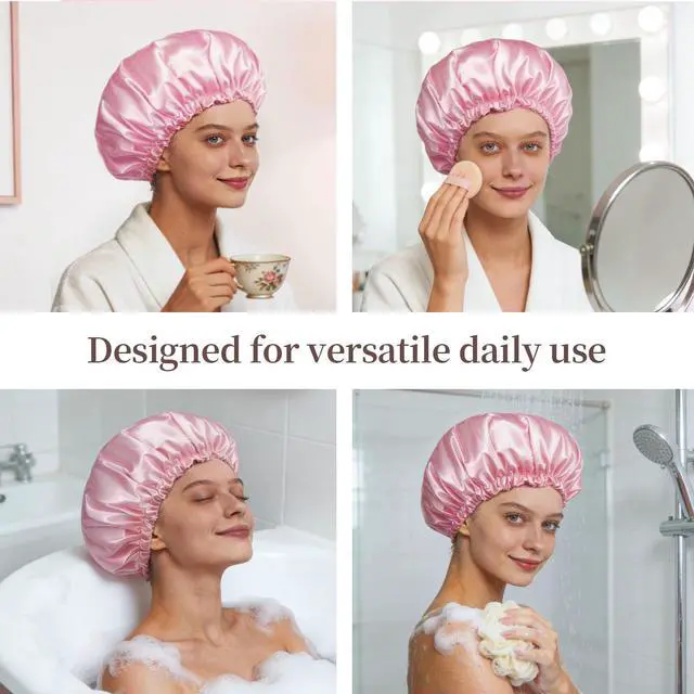 Alt view image 6 of 7 - Reusable Double Layer Satin Lined Shower Cap, Waterproof Bath Cap with Soft Satin Interior for Frizz Control, Elastic Band for Most Head Sizes, Ideal for Curly & Braided Hair, Pink