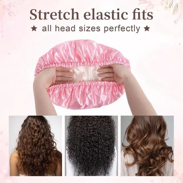 Alt view image 7 of 7 - Reusable Double Layer Satin Lined Shower Cap, Waterproof Bath Cap with Soft Satin Interior for Frizz Control, Elastic Band for Most Head Sizes, Ideal for Curly & Braided Hair, Pink