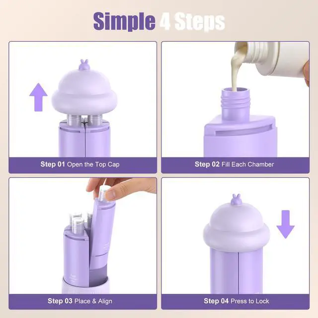 Alt view image 4 of 20 - 4 in 1 Travel Dispenser Bottle, 4 * 60ML/2oz TSA Approved Travel Size Toiletries, Leak Proof Refillable Travel Bottles for Shampoo Lotion Shower Gel, Perfect for Camping Gym