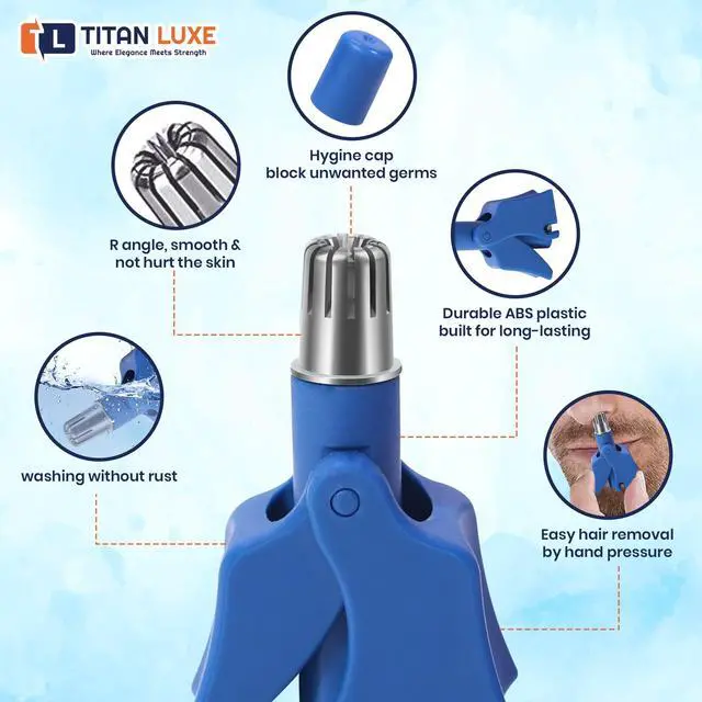 Alt view image 3 of 7 - Stainless Steel Hair Trimmer for Men and Women | Manual Nose and Ear Hair Trimmer | Nose Clippers, 360° Rotating Hair Trimmers | Washable Nose Hair Remover | Blue