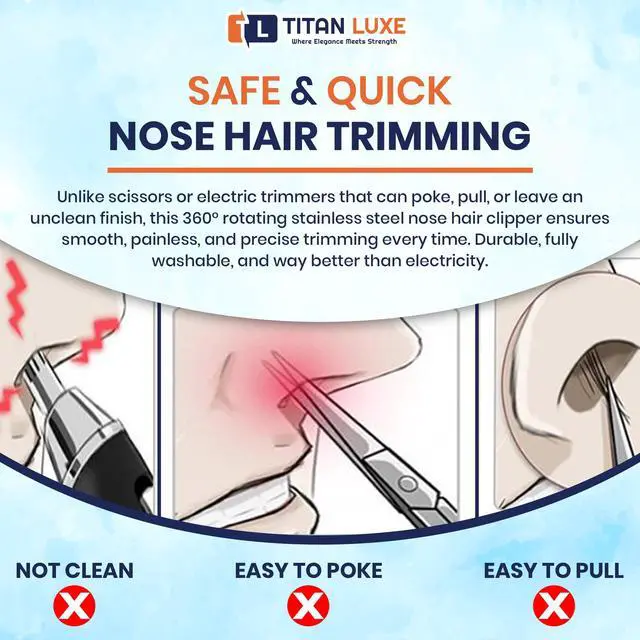 Alt view image 6 of 7 - Stainless Steel Hair Trimmer for Men and Women | Manual Nose and Ear Hair Trimmer | Nose Clippers, 360° Rotating Hair Trimmers | Washable Nose Hair Remover | Blue