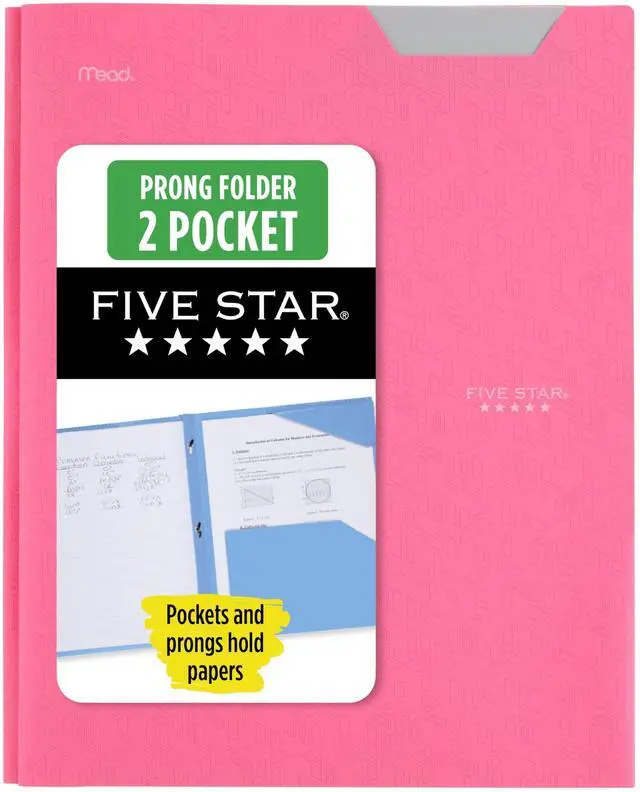 Main image of Five Star 2-Pocket Folder, Plastic Folder with Stay-Put Tabs and Prong Fasteners, Holds 8-1/2" x 11" Paper, Prom Pink (340300R)