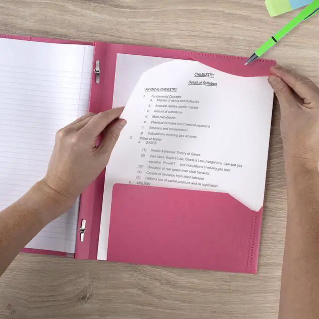 Alt view image 6 of 6 - Five Star 2-Pocket Folder, Plastic Folder with Stay-Put Tabs and Prong Fasteners, Holds 8-1/2" x 11" Paper, Prom Pink (340300R)