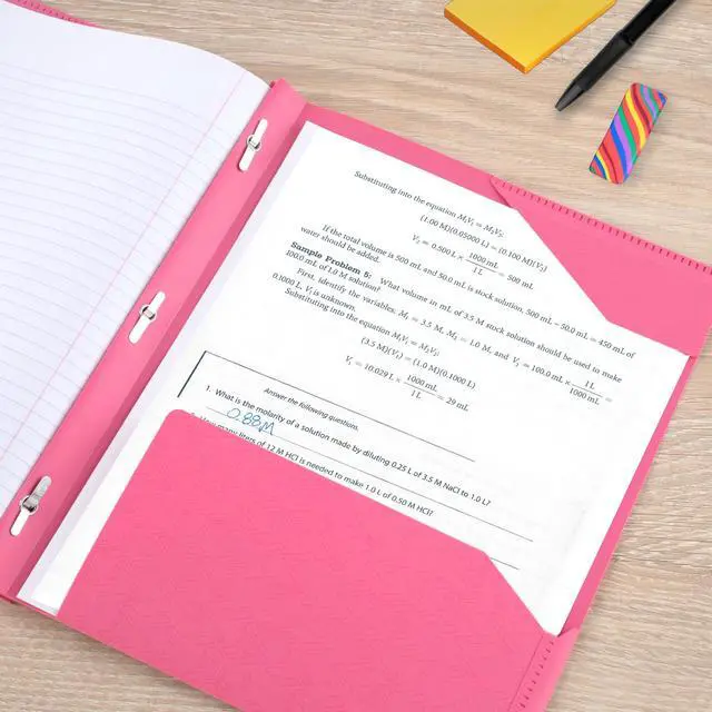 Alt view image 4 of 6 - Five Star 2-Pocket Folder, Plastic Folder with Stay-Put Tabs and Prong Fasteners, Holds 8-1/2" x 11" Paper, Prom Pink (340300R)