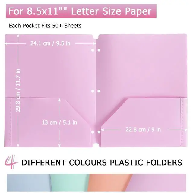 Alt view image 3 of 7 - Plastic Folders with Pockets, Letter Size Paper, Pastel Color, 4 PCS | Heavy Duty Two Pocket Folder 3 Ring Folders for Documents