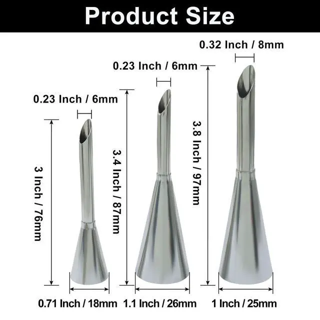 Alt view image 3 of 5 - 3 PCS Stainless Steel Cream Icing Piping Tips | Long Cream Puff Nozzle, Cake Decorating Tools, Pastry Filling, Cupcake Design