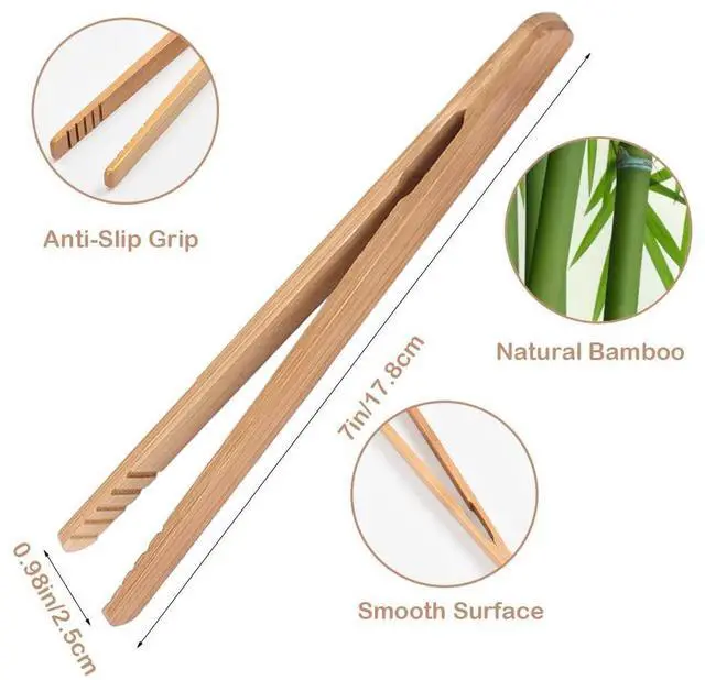 Alt view image 2 of 6 - Bamboo Toast Tongs, 7 Inches Mini Wood Cooking Tong with Anti-slip Design Great for Serving Food/Toaster/Bread & Pickles/Sugar/Barbecue,Small Kitchen Tongs Multi-use for Salad, Grilling, Frying(4)