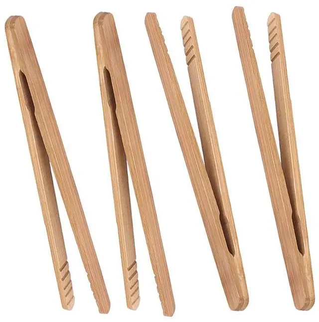 Main image of Bamboo Toast Tongs, 7 Inches Mini Wood Cooking Tong with Anti-slip Design Great for Serving Food/Toaster/Bread & Pickles/Sugar/Barbecue,Small Kitchen Tongs Multi-use for Salad, Grilling, Frying(4)