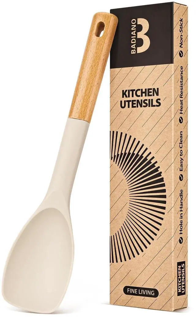 Main image of Silicone Spoonula Spatula, Nonstick Rubber Spoon, Khaki | Heat Resistant, Sturdy Bpa-Free Matte Silicone, Wooden Handle, Great for Stirring, Scraping and Folding