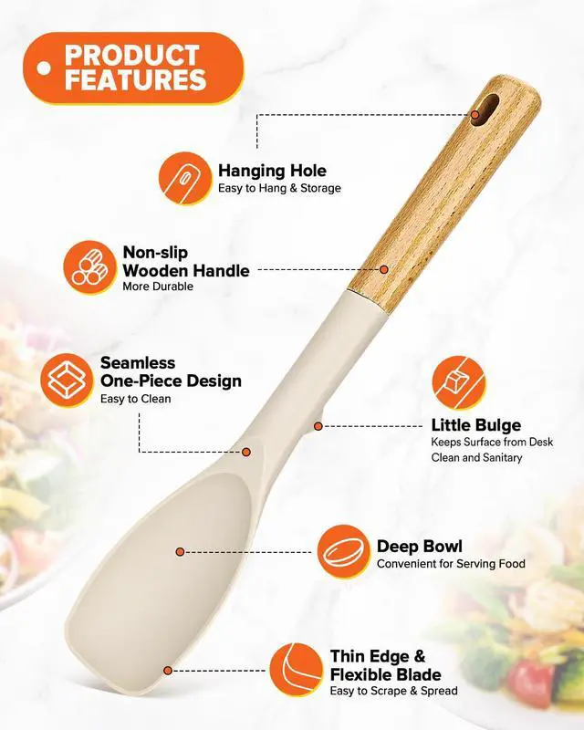Alt view image 4 of 7 - Silicone Spoonula Spatula, Nonstick Rubber Spoon, Khaki | Heat Resistant, Sturdy Bpa-Free Matte Silicone, Wooden Handle, Great for Stirring, Scraping and Folding