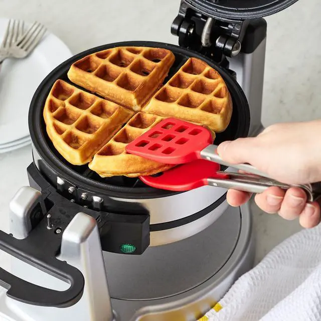 Alt view image 2 of 4 - Waffle Tongs Mini Silicone Kitchen Tongs for Cooking Serving Flat Stainless Steel Small Tongs with Silicone Tips for Salads Belgian Waffles Air Fryer Appetizers Dishwasher Safe Candy Apple Red