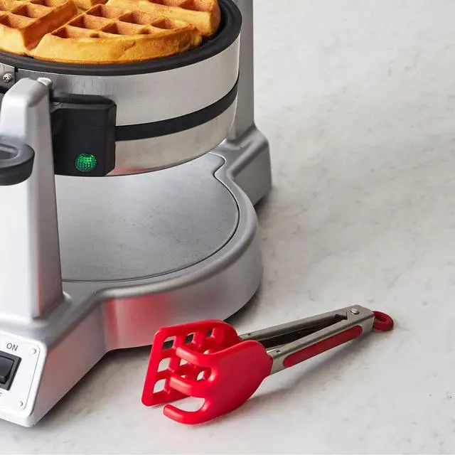 Alt view image 3 of 4 - Waffle Tongs Mini Silicone Kitchen Tongs for Cooking Serving Flat Stainless Steel Small Tongs with Silicone Tips for Salads Belgian Waffles Air Fryer Appetizers Dishwasher Safe Candy Apple Red
