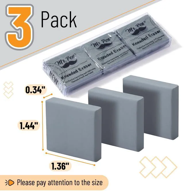 Alt view image 2 of 6 - Kneaded Erasers, 1.44" x 1.36", 3 Pack, Gray | Soft Moldable Art Erasers for Charcoal, Graphite & Pastel Drawing, Precision Highlighting, Smudge Control