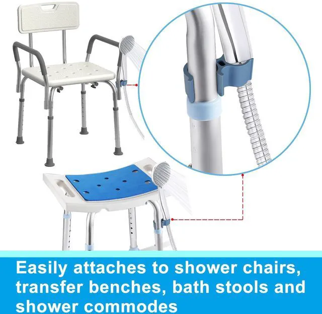 Alt view image 2 of 7 - Shower Chair Shower Head Holder Attachment for Bath Seat, Blue | Universal 0.79"-0.91" Fits Shower Chair Legs or Arms, Tool-Free Install, Holds Shower Head, for Bath Seat Stool Commode