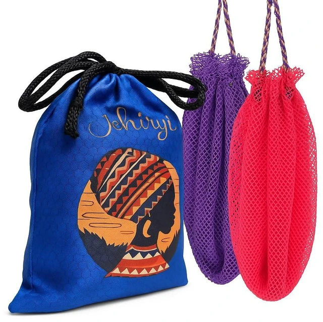 Alt view image 2 of 2 - Rope Handles African Exfoliating Net Bath Sponge, Authentic Long Body Scrubber, Premium Nylon Shower Washcloth for Deep Cleansing & Dead Skin Removal - Unisex Spa Bathing Accessory (Rose red & Purple)