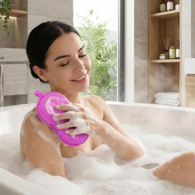 Alt view image 2 of 7 - 2 Pcs Soft Bath Sponge, Soft Gentle Exfoliating Shower Sponge Plant Fiber Sponges Loofah for Bath Comfort Bathing Tool for Women Men(Purple, Blue)