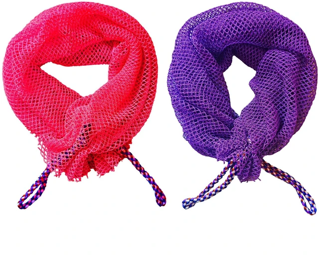 Main image of Rope Handles African Exfoliating Net Bath Sponge, Authentic Long Body Scrubber, Premium Nylon Shower Washcloth for Deep Cleansing & Dead Skin Removal - Unisex Spa Bathing Accessory (Rose red & Purple)