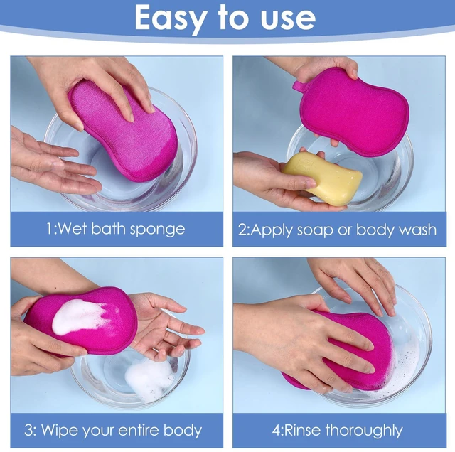 Alt view image 6 of 7 - 2 Pcs Soft Bath Sponge, Soft Gentle Exfoliating Shower Sponge Plant Fiber Sponges Loofah for Bath Comfort Bathing Tool for Women Men(Purple, Blue)