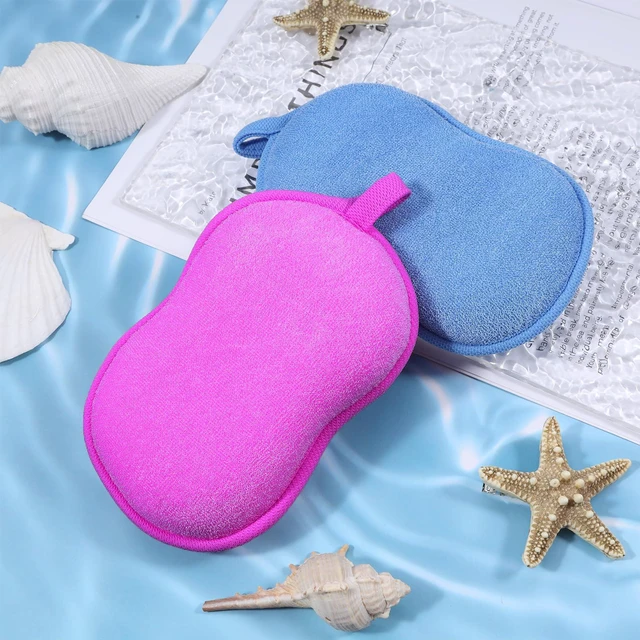 Alt view image 7 of 7 - 2 Pcs Soft Bath Sponge, Soft Gentle Exfoliating Shower Sponge Plant Fiber Sponges Loofah for Bath Comfort Bathing Tool for Women Men(Purple, Blue)