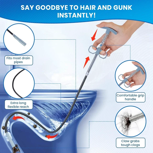 Alt view image 4 of 7 - Drain Snake 79 Inch, Flexible Grabber Claw Hair Drain Clog Remover Tool | Hair Drain Cleaner with 1 Pair Reusable Gloves for Sink, Shower, Tub, Toilet, Bathroom and Kitchen Pipes, Home Use, Grey