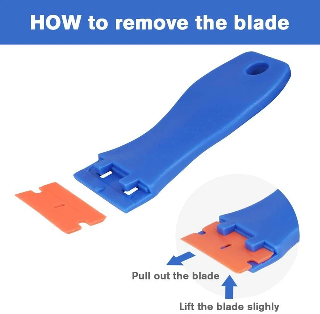 Alt view image 3 of 7 - Plastic Razor Blade Scrapers, Scraper Tool with 20PCS Blades, Multi-funtional Cleaning Razor Scraper for Removing Stickers, Labels, Caulk, Adhesive, Paint Removal-Blue&Orange